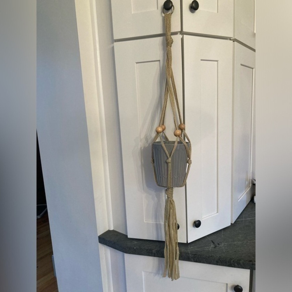 Vintage Macrame Plant Hanger Wood Beads Hanging Boho Handmade Beige